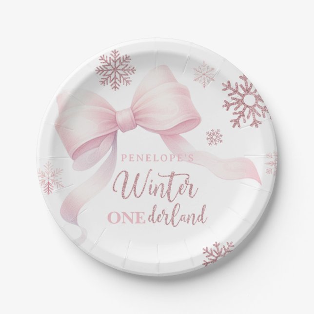 Assiettes En Carton Winter Onederland Pink Bow Girl 1st Birthday (Devant)