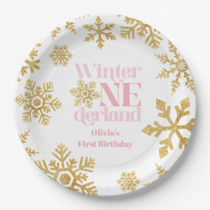 Assiettes En Carton Winter Onederland Pink Gold Snowflake 1er annivers