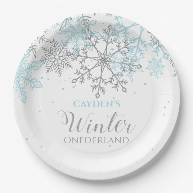 Assiettes En Carton Winter Onederland premier anniversaire bleu et arg (Devant)