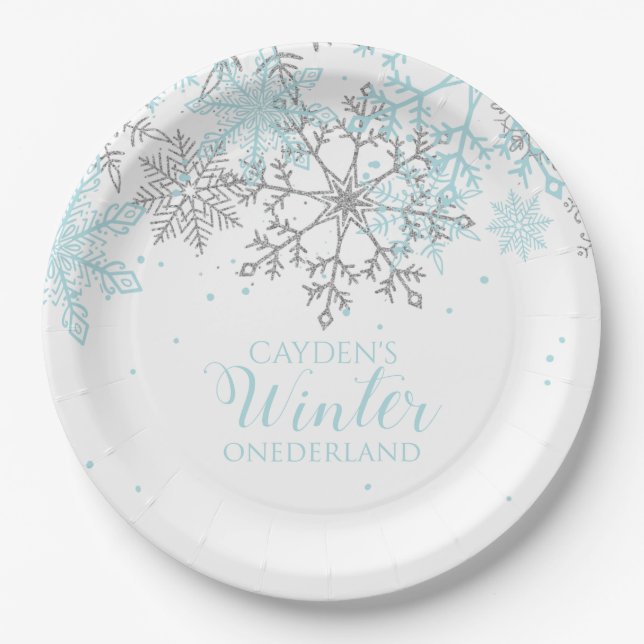 Assiettes En Carton Winter Onederland premier anniversaire bleu et arg (Devant)
