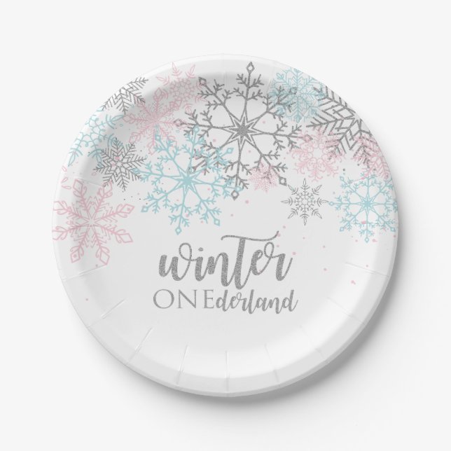 Assiettes En Carton Winter Onederland Rose bleu argent parties scintil (Devant)