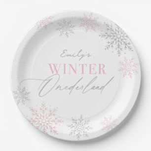 Assiettes En Carton Winter Onederland Silver Pink Parties scintillant