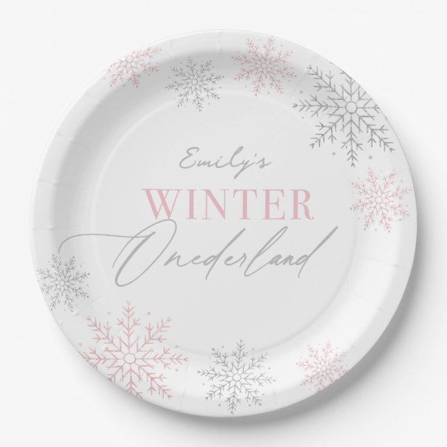 Assiettes En Carton Winter Onederland Silver Pink Parties scintillant  (Devant)