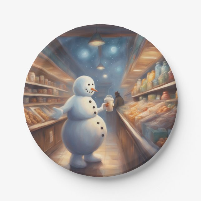 Assiettes En Carton Winter Snowman shopping with coffee birthday party (Devant)