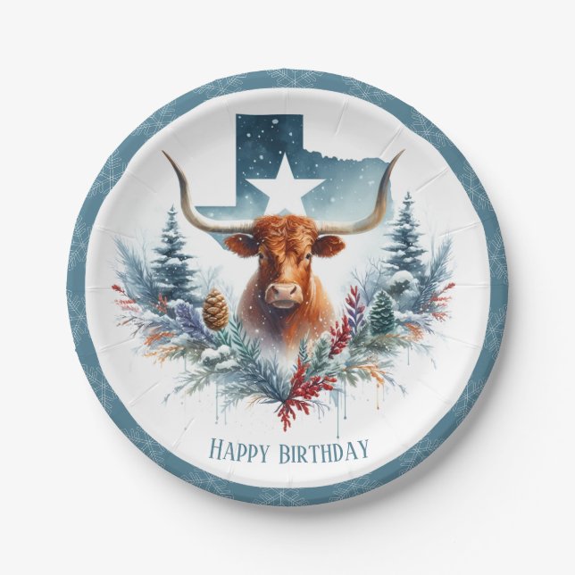 Assiettes En Carton Winter Vibes Texas Longhorn Anniversaire (Devant)