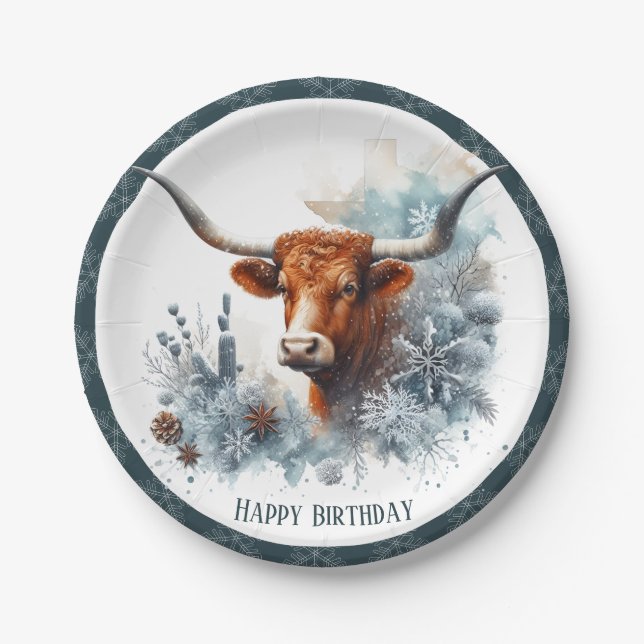 Assiettes En Carton Winter Vibes Texas Longhorn Anniversaire (Devant)