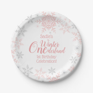 Assiettes En Carton Winter Wonderland 1er Anniversaire Pink Snowflakes