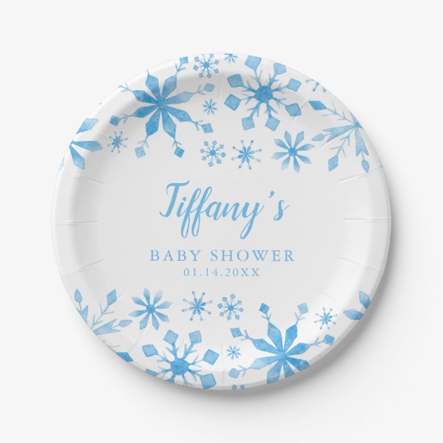Assiettes En Carton Winter Wonderland Blue Watercolor Baby shower (Devant)