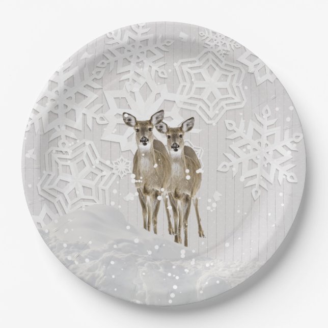Assiettes En Carton Winter Wonderland Noël blanc avec cerf (Devant)