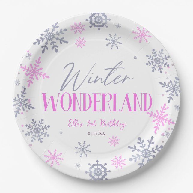 Assiettes En Carton Winter Wonderland Pink Snowflake fête d'anniversai (Devant)