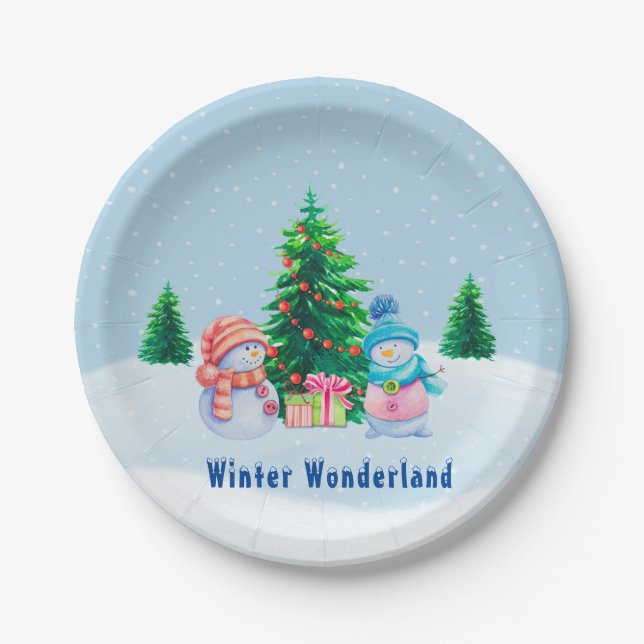 Assiettes En Carton Winter Wonderland Snowmen Plaque en papier (Devant)