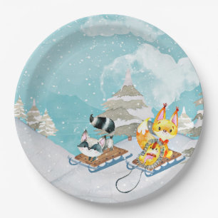Assiettes En Carton Winter Woodland Friends -Fox Hedgehog Illustration