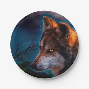 Assiettes En Carton Wolf et la lune à minuit