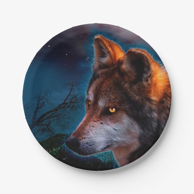 Assiettes En Carton Wolf et la lune à minuit (Devant)