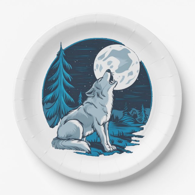 Assiettes En Carton Wolf hurle sur la lune (Devant)