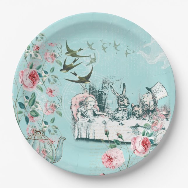 Assiettes En Carton Wonderland Tea Party Aqua Plaque en papier rose (Devant)