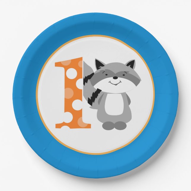 Assiettes En Carton Woodland Raccoon 1er Birthday Boy Party Plate (Devant)