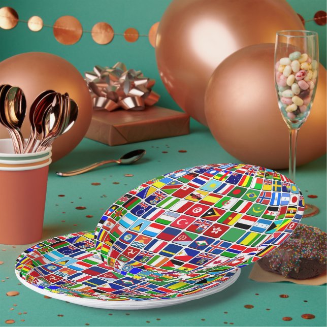 Assiettes En Carton World Flags Globe, International, (Multi)
