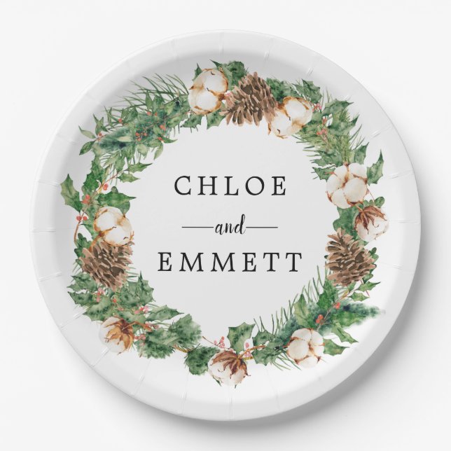 Assiettes En Carton Wreath botanique d'hiver rustique Mariage personna (Devant)