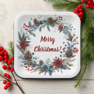 Assiettes En Carton Wreath de cônes de pin floral d'hiver