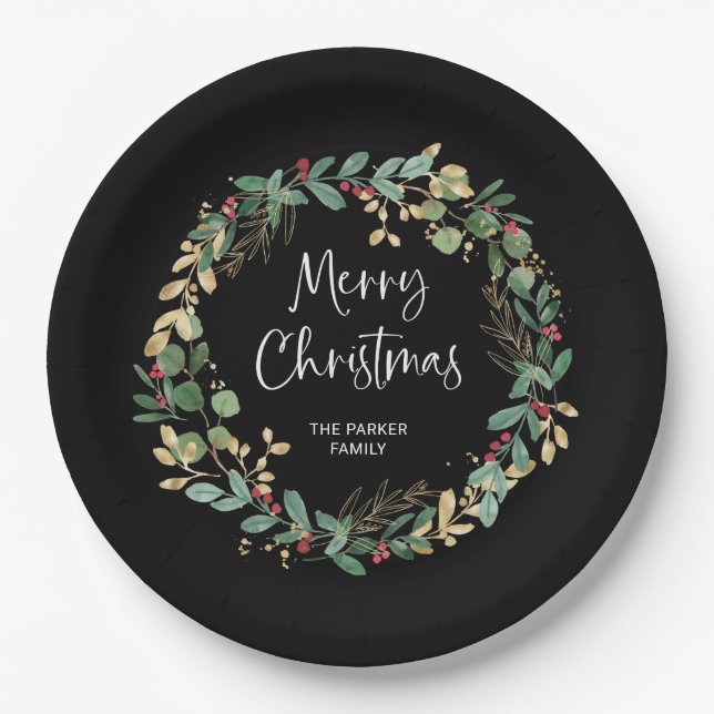 Assiettes En Carton Wreath moderne et script | Joyeux Noël (Devant)