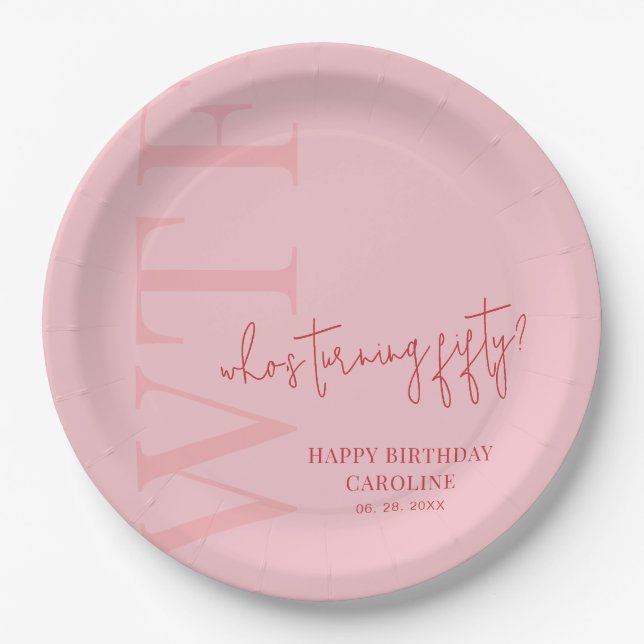 Assiettes En Carton WTF simple | Rouge rose 50e anniversaire (Devant)
