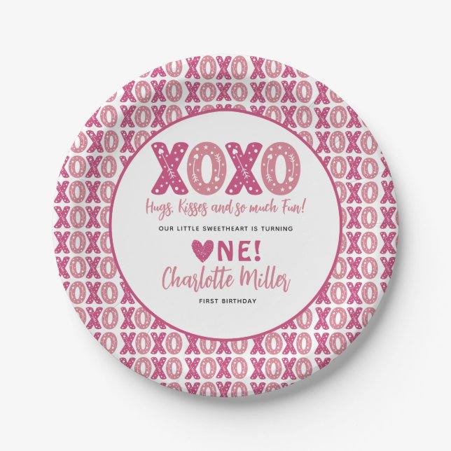 Assiettes En Carton XOXO Hugs & Kisses Saint Valentin 1er anniversaire (Devant)