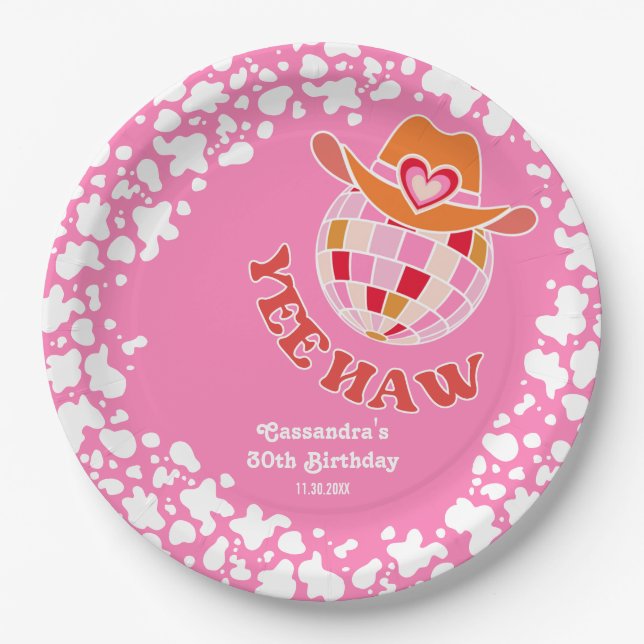 Assiettes En Carton Yee Haw Pink Disco Cowgirl Rodeo Anniversaire (Devant)
