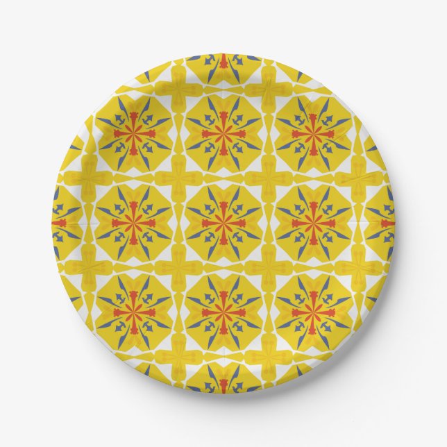 Assiettes En Carton yellow and white geometric pattern (Devant)