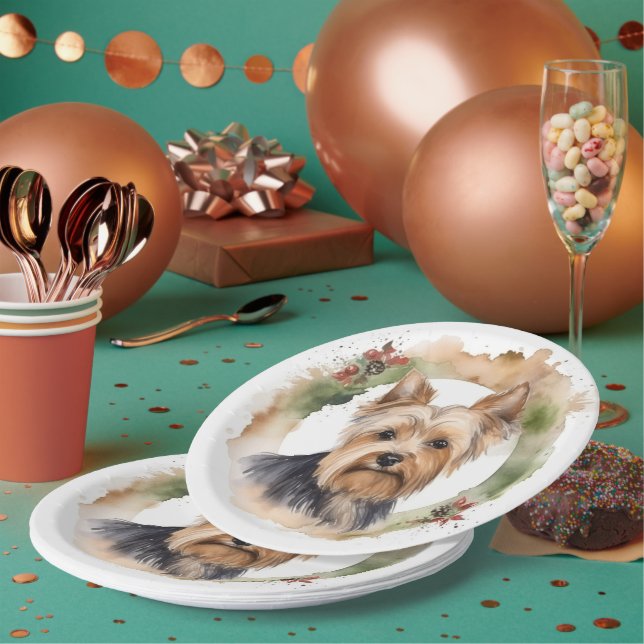 Assiettes En Carton Yorkshire Terrier Fête de la couronne de Noël Coup (Multi)