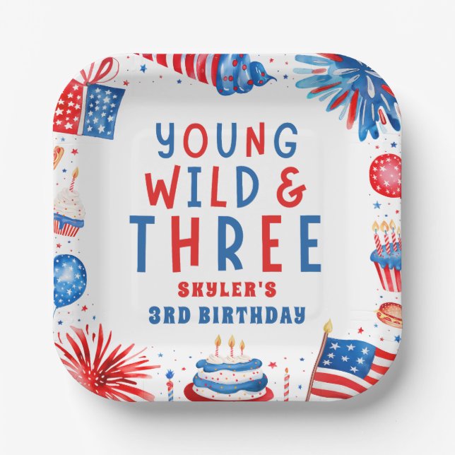 Assiettes En Carton Young Wild et Three 4 juillet 3e anniversaire (Recto)