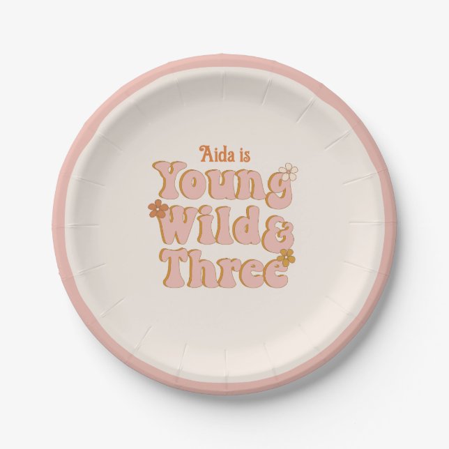 Assiettes En Carton Young Wild et Three Retro Daisy 3e anniversaire (Devant)