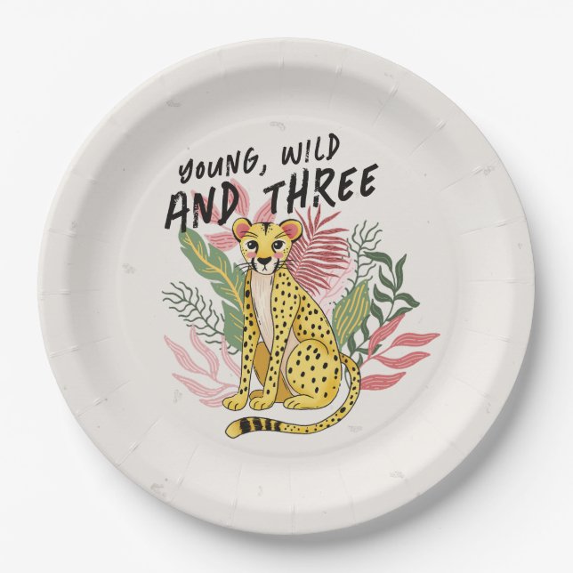 Assiettes En Carton Young Wild Three Pink Cheetah Kids Birthday Party (Devant)
