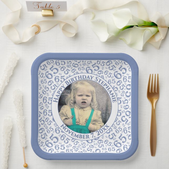 Assiettes En Carton Your Photo 65 Random Number Pattern Blue/White  (Mariage)