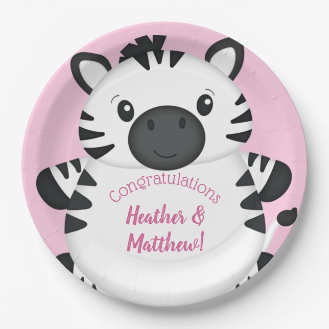 Assiettes En Carton Zebra Baby shower rose (Devant)