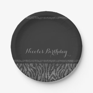 Assiettes En Carton Zèbre Paillettes Argent Noir Glamour Élégant Soiré