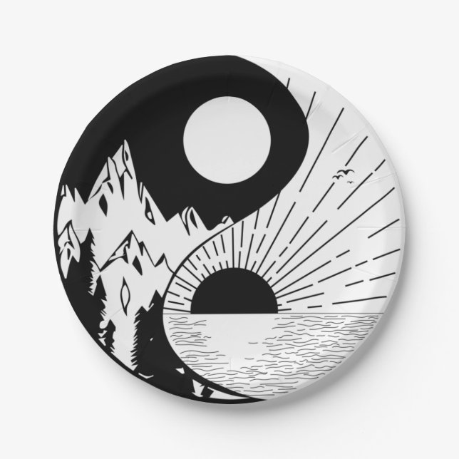 Assiettes En Carton Zen Yin Yang noir blanc (Devant)