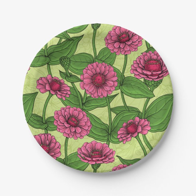 Assiettes En Carton Zinnias rose sur vert clair (Devant)