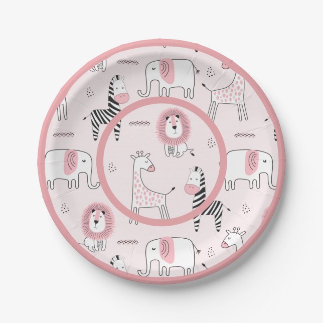 Assiettes En Carton Zoo rose mignon Animaux Zebra Baby shower (Devant)