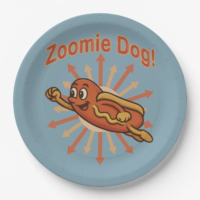 Assiettes En Carton Zoomie Chien volant Hot Dog Cartoon - Fun Retro (Devant)