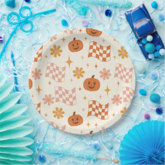 Assiettes en papier à carreaux Groovy Retro Hallow