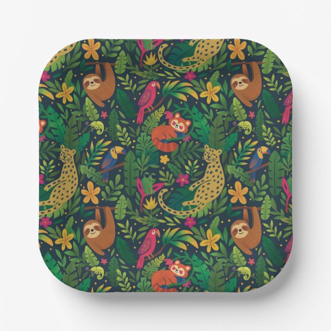 Assiettes en papier Animaux de la Forêt Tropicale  (Recto)
