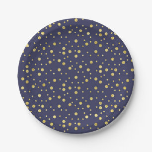 Assiettes en Papier Bleu Marine à Pois Dorés Éléga
