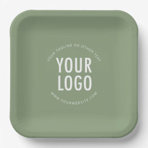 Assiettes en papier carrées vert sauge avec logo p