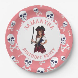 Assiettes en papier crânes de fille rose pirate