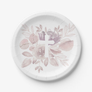 Assiettes en papier croix florale aquarelle mauve 