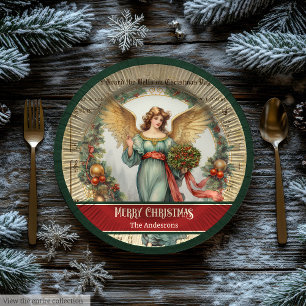 Assiettes en papier de Noël rétro Vert Ange Décor 