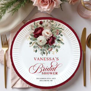 Assiettes en Papier Fleurs Bordeaux Élégantes pour