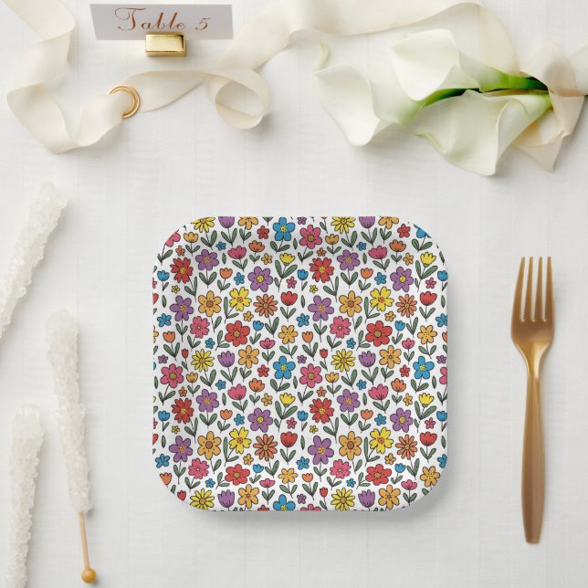 Assiettes en papier fleurs printanières colorées e (Mariage)