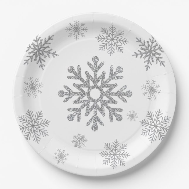 Assiettes en papier flocon de neige argenté hiver (Devant)